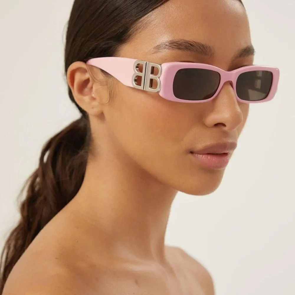 NEW Balenciaga BB0096S 012 Pink Silver Logo Grey Rectangle Unisex Sunglasses - Picture 4 of 13